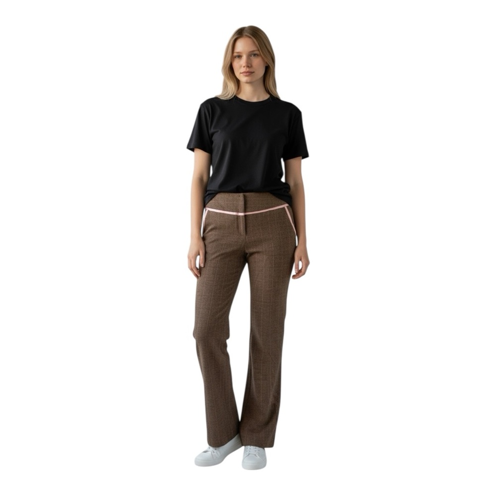 Y2K DELIAS woman's academia brown plaid pink trim flare leg casual pants slacks